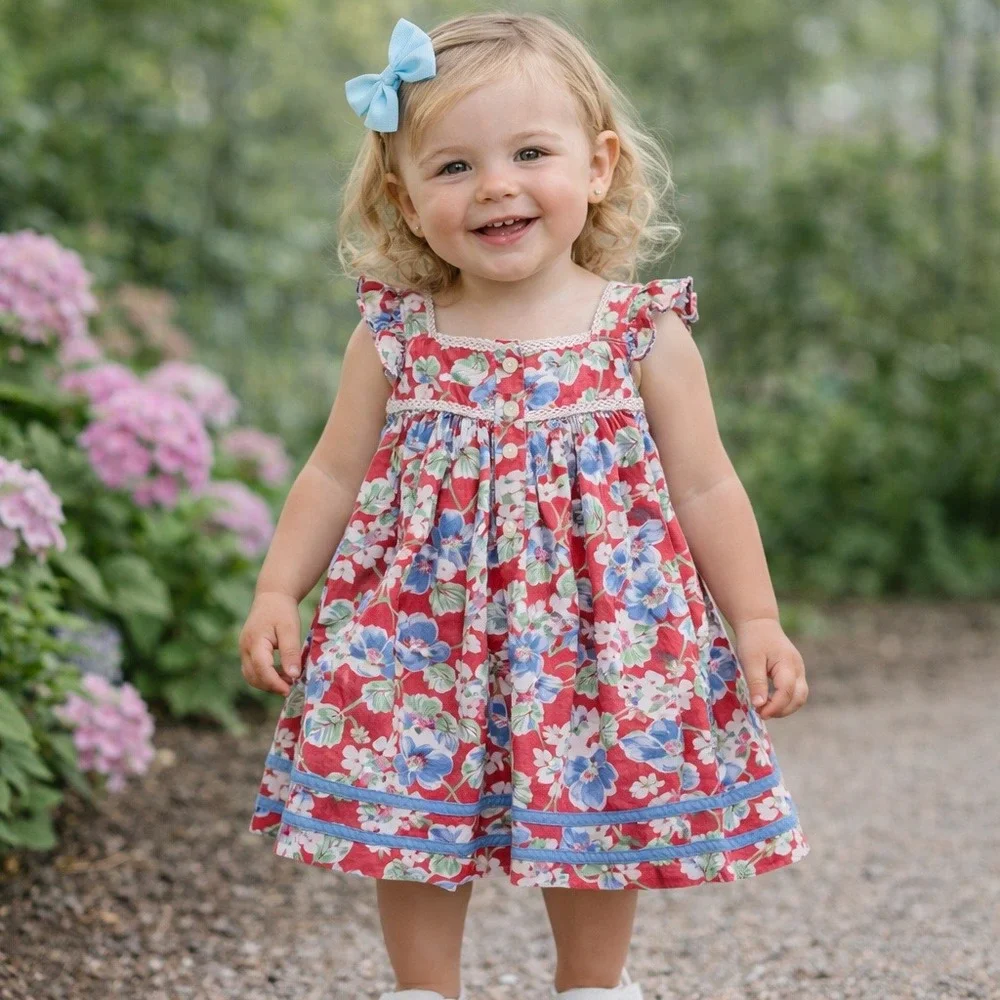 Ralph Lauren Size 24 Months Kid Red Floral Falmouth 100% Cotton Lace Trim Ruffle